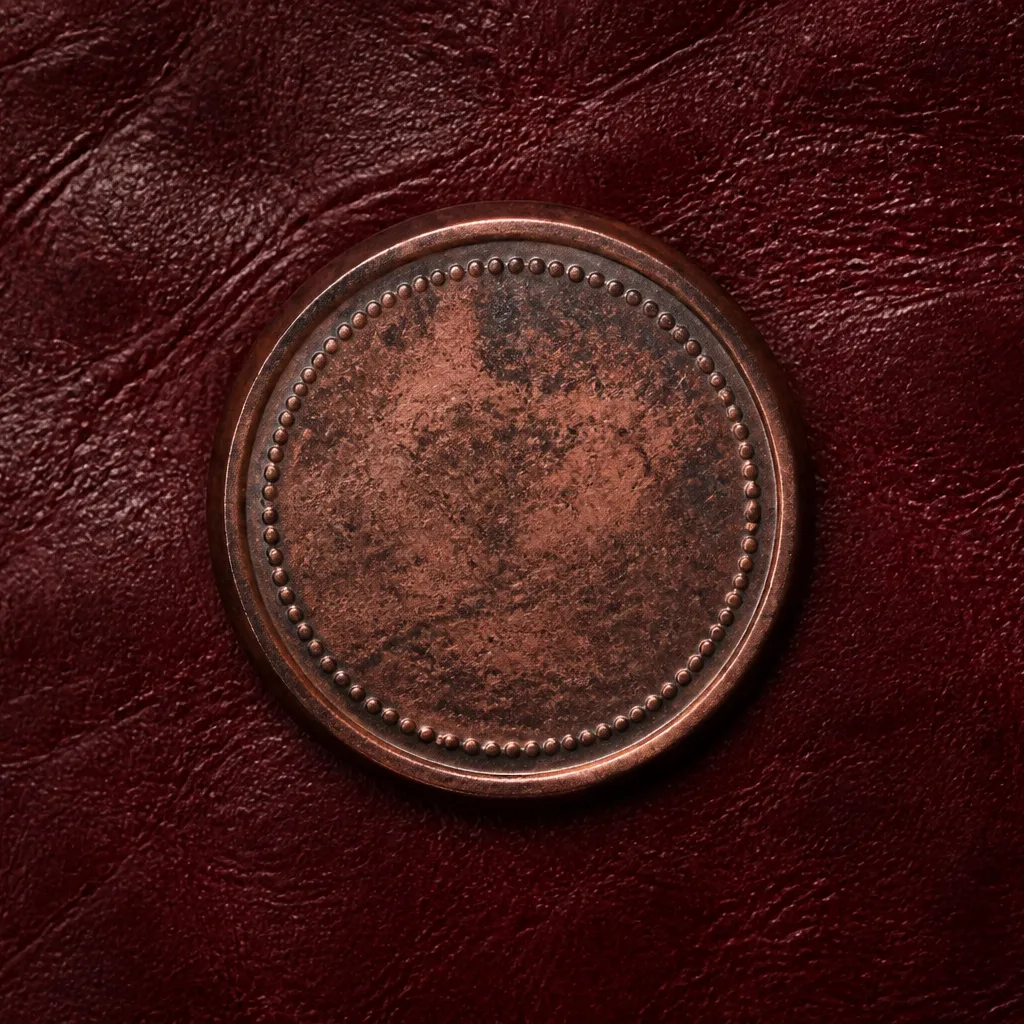 weathered copper disc on oxblood leather